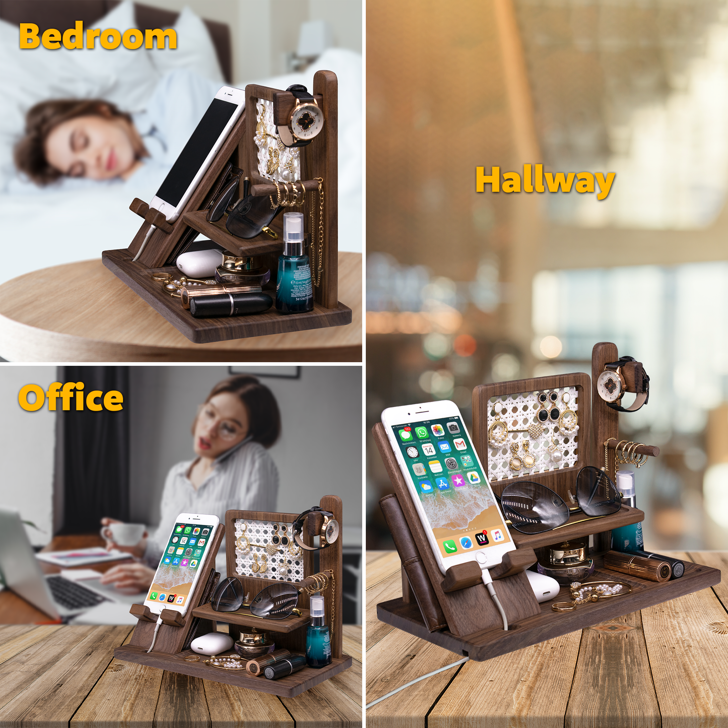Wood Nightstand Organizer for Couple - Personalized Phone Docking Station for Wife, Girlfriend - Unique Gift Idea with Rattan Jewelry Holder, Makeup Holder, Glasses Station for Mother, Sister