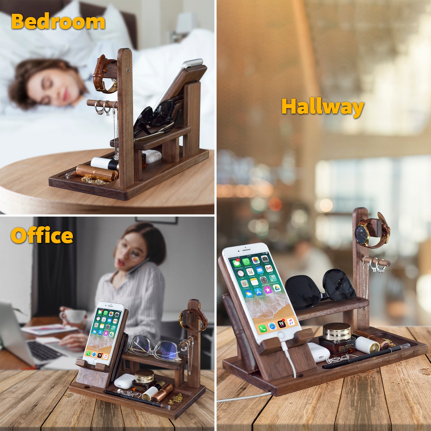 Wood Nightstand Organizer for Couple - Personalized Phone Docking Station for Wife, Girlfriend - Unique Gifts for Women Who Have Everything, Gifts for Women, Mother, Wife, Girlfriend